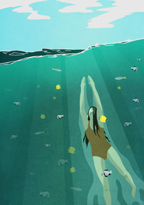Woman swimming underwater in ocean surrounded by fish 01
