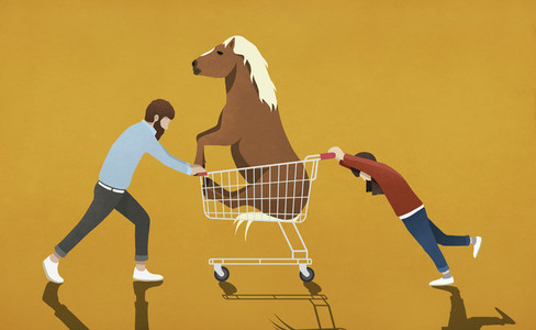 Father resisting daughter pushing shopping cart with pony 01