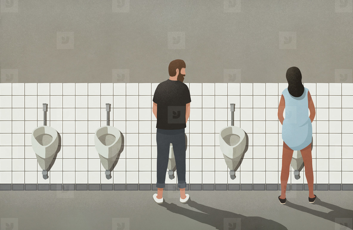 Man and transgender woman using urinals in bathroom #01.