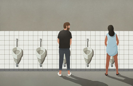 Man and transgender woman using urinals in bathroom 01