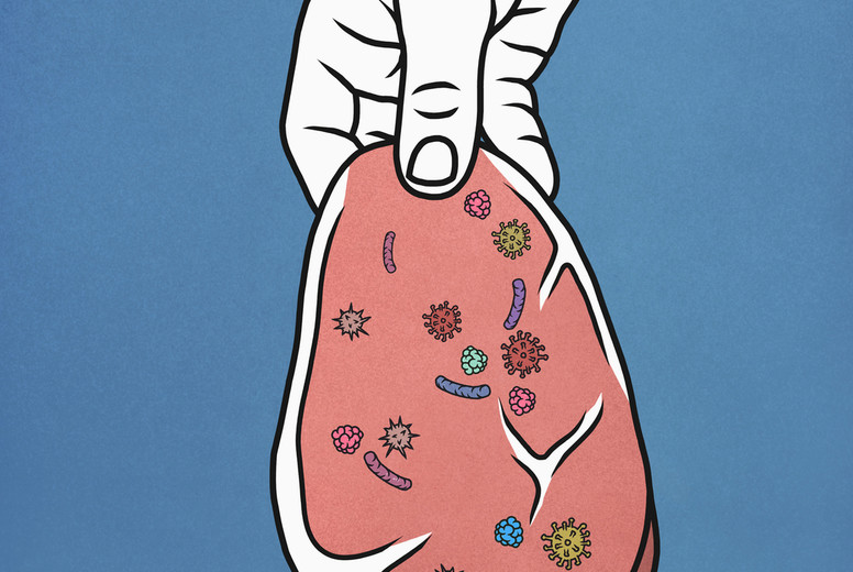 Hand holding raw meat covered in bacteria #01