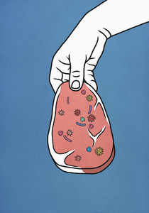 Hand holding raw meat covered in bacteria 01