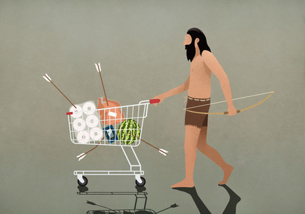 Caveman with bow and arrow pushing shopping cart 01