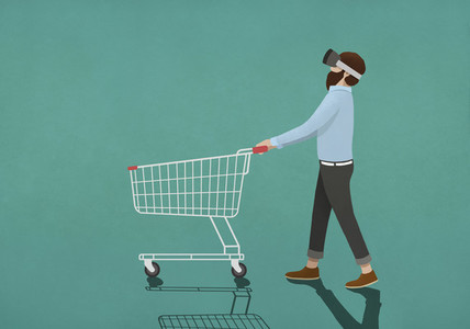 Man with virtual reality simulator pushing shopping cart 01