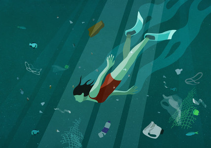 Woman swimming underwater in sea among pollution 01