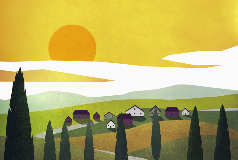 Sun setting over idyllic rural community #01