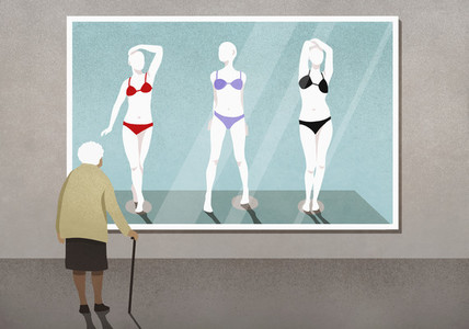 Senior woman looking at bikinis on mannequins photograph in art gallery 01