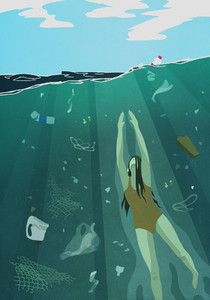 Woman swimming underwater in ocean surrounded by pollution 01