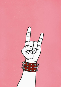 Hand with studded cuff gesturing horn sign 01