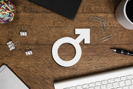 View from above paper male symbol on wooden desk 01