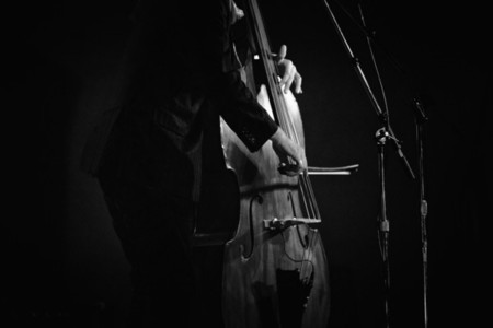 Male bassist playing upright bass at microphone 01