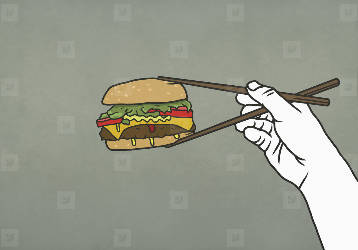 Man eating cheeseburger with chopsticks 01