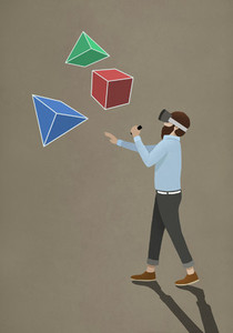 Man with virtual reality simulator glasses looking at 3D geometric shapes 01