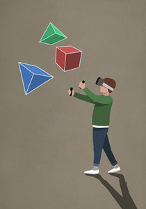 Boy with virtual reality simulator glasses looking at 3D geometric shapes 01