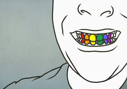 Close up man with toothy smile showing rainbow teeth 01