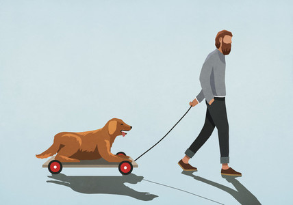 Man pulling dog on cart 01