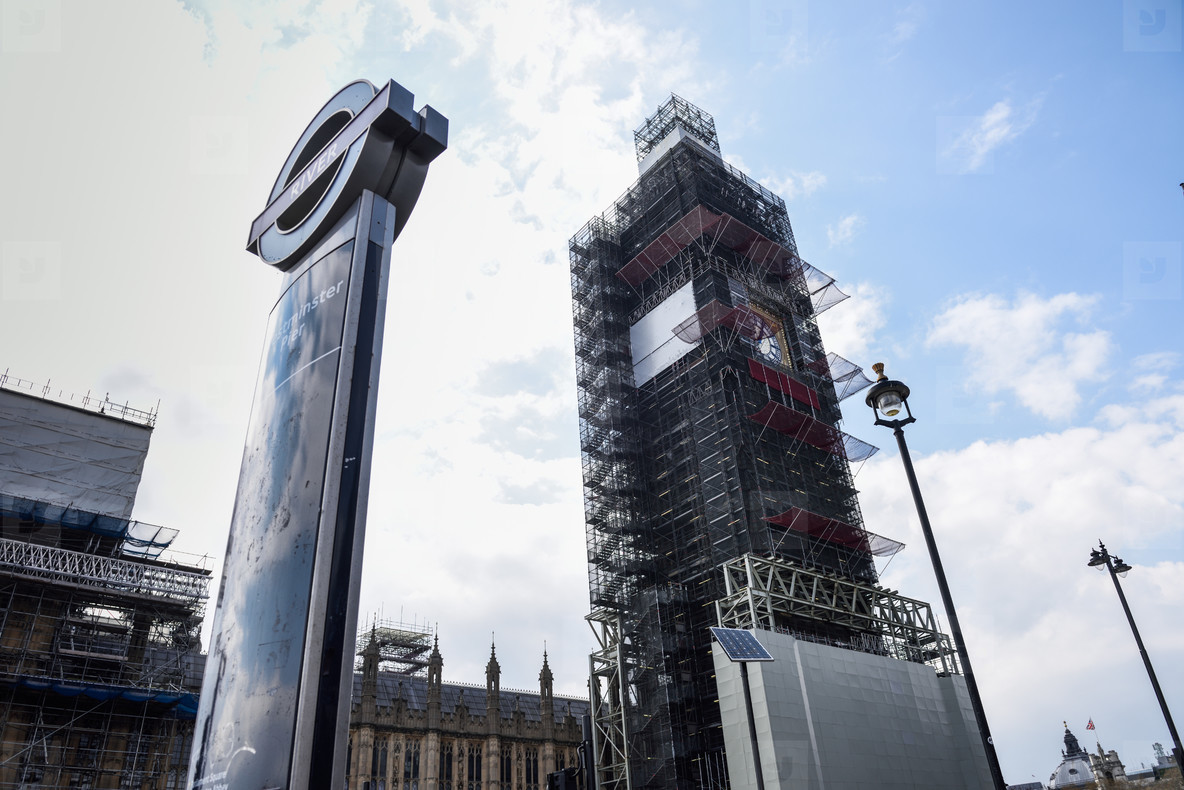 LONDON  ENGLAND  UK  13TH APRIL  2019 Scaffolding around Big Ben during restoration of the Houses of Parliament