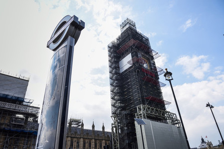 LONDON ENGLAND UK 13TH APRIL 2019 Scaffolding around Big Ben during restoration of the Houses of Parliament
