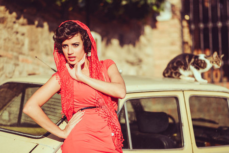 Beautiful woman in urban background Vintage style