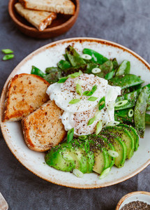 Healthy breakfast or lunch  Fried snow peas  avocado  poached eggs are sprinkled chia seeds with bread toasts