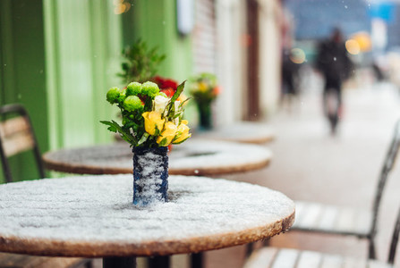 Flowers stand on a snowy table