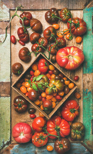 Flat  lay of fresh colorful tomatoes on tray vertical composition