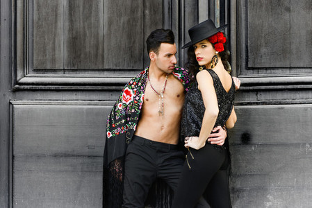 Beautiful couple  models of fashion  wearing spanish clothes