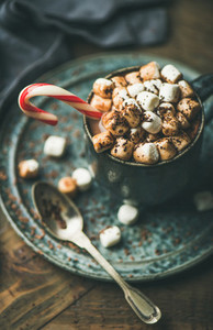 Christmas hot chocolate with marshmallows  cocoa and candy cane