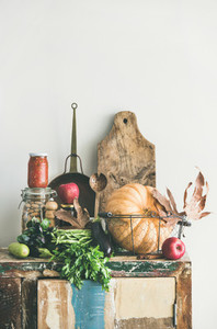 Autumn seasonal food ingredients and kitchen utensils