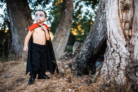 Kid serious costumed of dracula to halloween on the forest