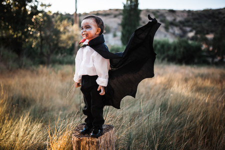 Kid smiling costumed of dracula to halloween on the forest