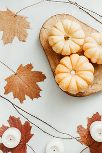 Top view of small pumpkins on a wooden board decorated Autumn ornate The concept of Thanksgiving and Fall time