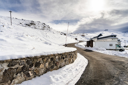 Road in ski resort of Sierra Nevada in winter  full of snow