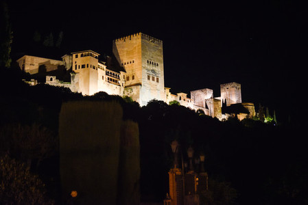 Night view of the famous Alhambra palace in Granada from Albaici