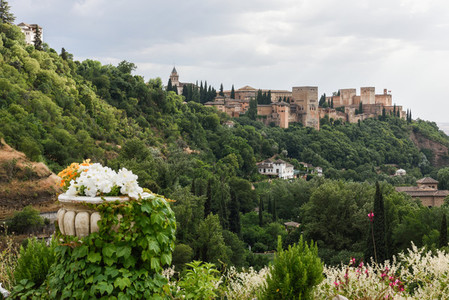 View of the famous Alhambra palace in Granada from Sacromonte qu