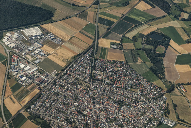 Aerial View City Surrounded By Rural Farmland Fields, Frankfurt