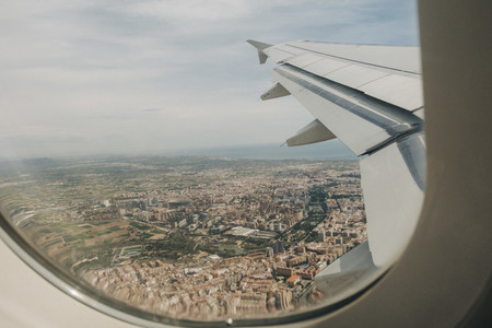 Aerial view of Valencia  Spain from airplane window