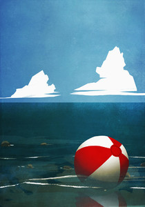 Beach ball floating on ocean