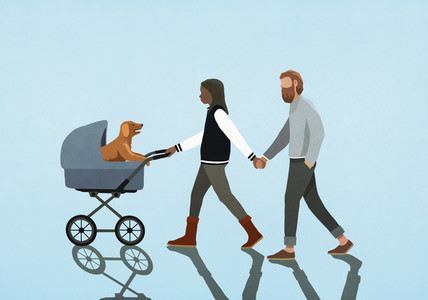 Couple holding hands and walking puppy in stroller