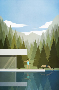 Couple stretching and swimming outside modern lake house
