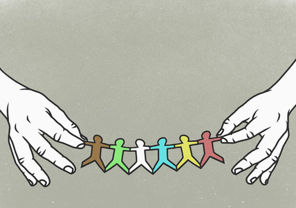Hands holding multi colored paper chain