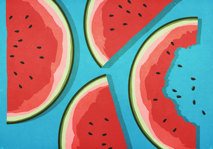 Juicy watermelon slices on blue background