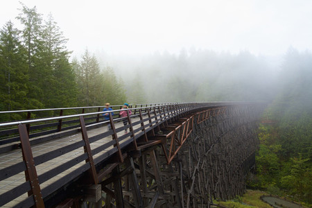 Kids running over railway trestle  British Columbia  Canada