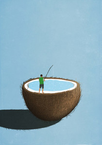 Man fishing inside coconut