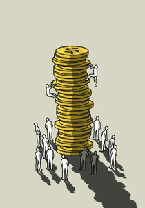 People climbing money coin stack