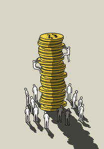 People climbing tall stack of Bitcoins
