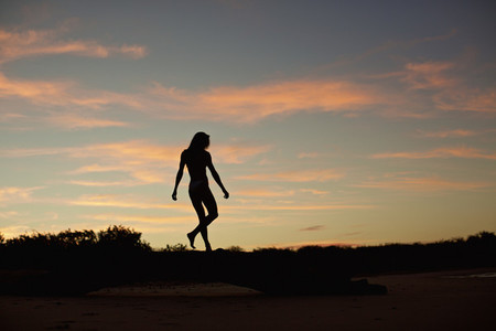 Silhouette woman on beach at dusk 03