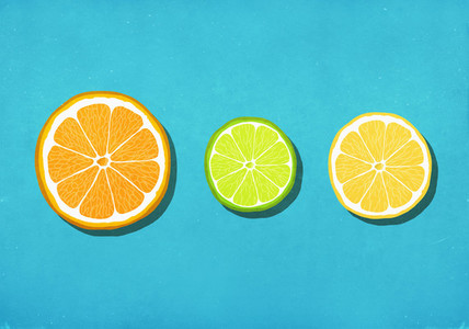 Vibrant citrus slices on blue background