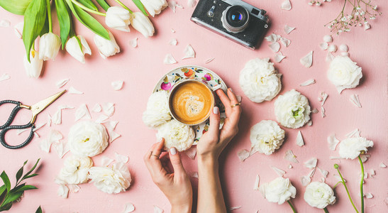 Female hands holding coffee  flowers and film camera  wide composition