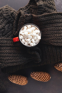 Hot chocolate in a red mug with marshmallow surrounded Christmas decoration on a woolen sweater